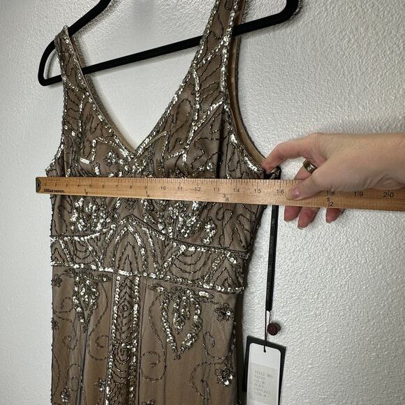 NWT Sue Wong Beaded Gold Mesh Top Black Fringe Bottom Evening Dress 8 - Picture 13 of 15